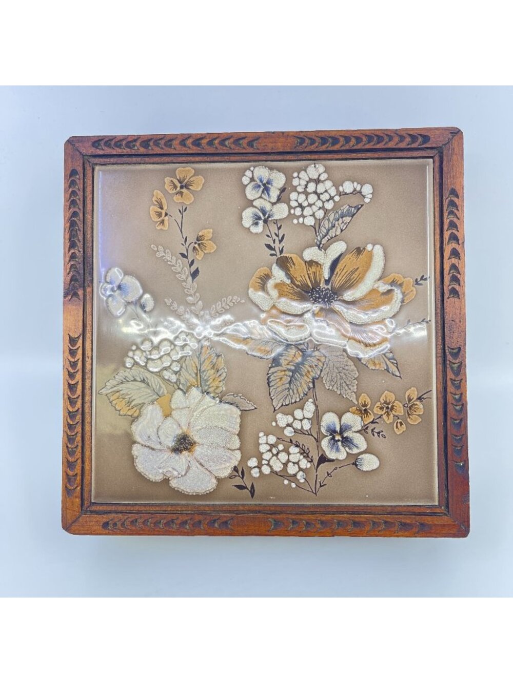 vintage hand-carved wooden box with italian floral tile embedded in lid hinged